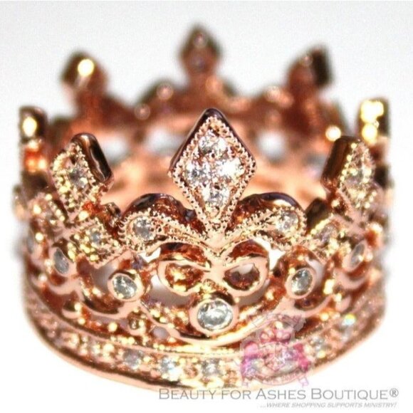 Beauty for Ashes Jewelry - Brass Crown of Life Fleur-de-Lis Cubic Zirconia Ring Rosegold Plating Size 5